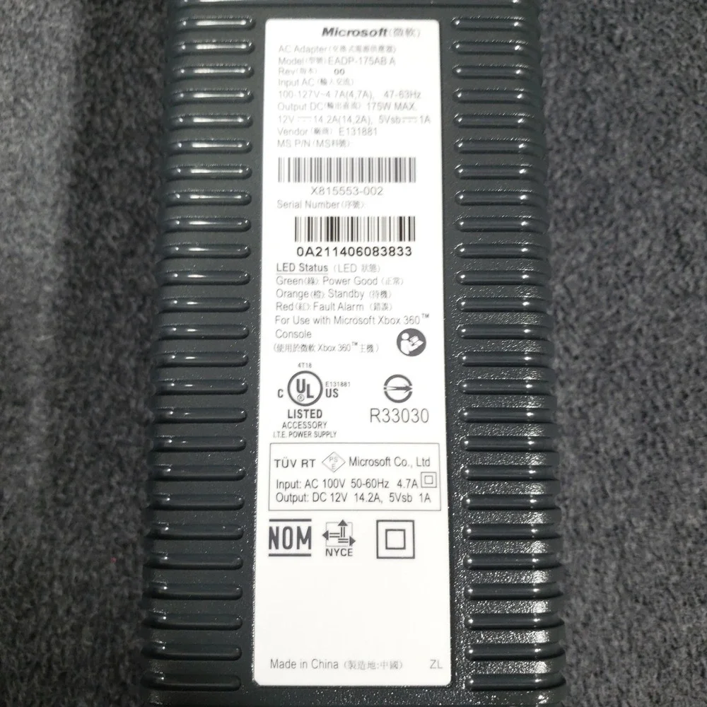 Microsoft Xbox 360 AC Adapter Power‎ Supply 175W Gray EADP-175AB A X815553-002